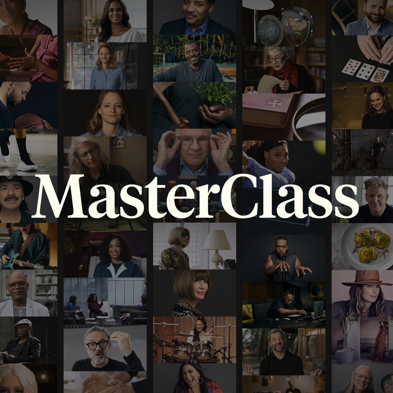 Collage image showcasing various professionals and celebrities from diverse fields as part of the 'MasterClass' series. The central focus is the bold 'MasterClass' logo, surrounded by experts in their crafts, from musicians, chefs, writers, to filmmakers, hinting at the wide range of courses and knowledge available through the platform.